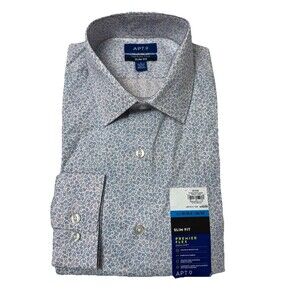 New APT.9 Large 16 Slim Fit Men's Dress Shirt Blue Pink Floral Wrinkle Resistant